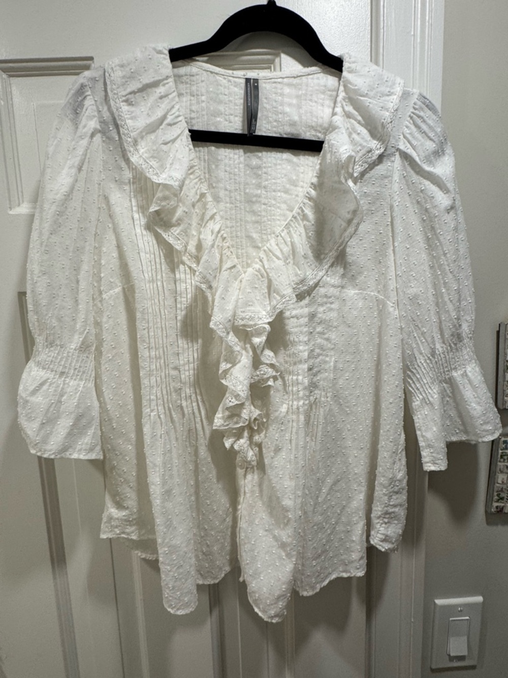 Anthropologie White Ruffled V-Neck Blouse with Pintuck Details